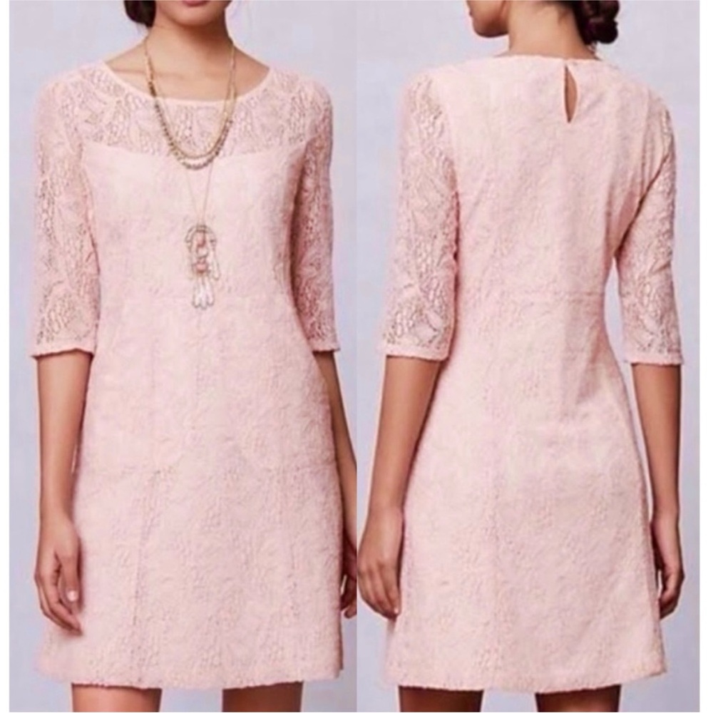 Anthropologie Maeve Lafkara Peach Blush Pink Lace Overlay Shift Dress Sz S
